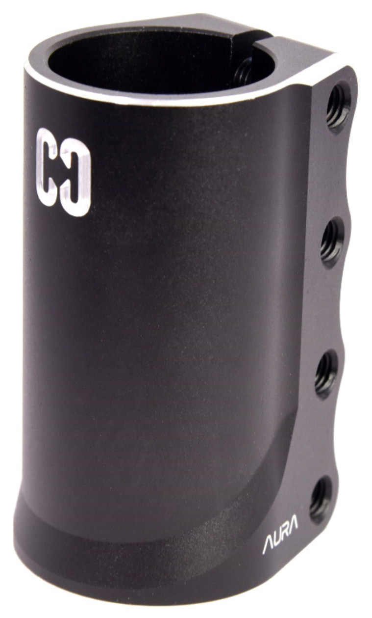 The CORE Aura 4 Bolt Oversized SCS Stunt Scooter Clamp in black features “CD” and “AURA” logos in white—ideal for secure stunt scooter performance.