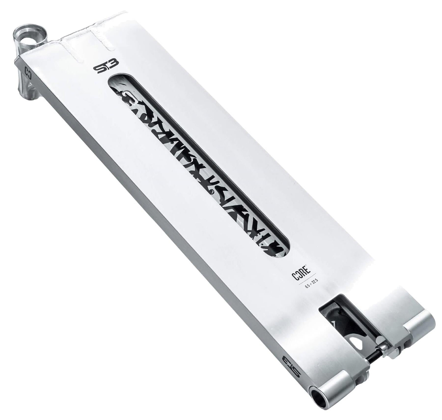 The CORE ST3 Forged Polished Street Stunt Scooter Deck (6.5" x 22.5") features a sleek, modern design with a wide deck, cutout center window, angular edges, and black-and-white "CORE" graphics near the end.