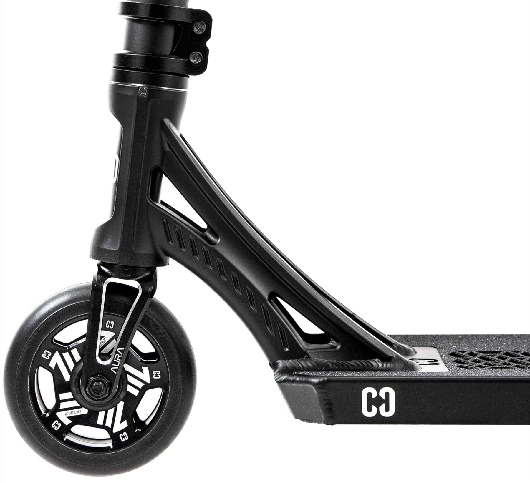 Close-up side view of the CORE SL3 Complete Stunt Scooter - Black by CORE, showcasing the front wheel, fork, and deck with "C3" marking—ideal for riders seeking a durable skatepark scooter.