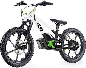 The Duo 16" Master Pro Kids Electric Balance Bike in white and black features a sporty, modern design, thick knobby tires, green accents, "DUO" and "PRO" branding, and a frame-mounted battery—perfect for kids seeking standout style.