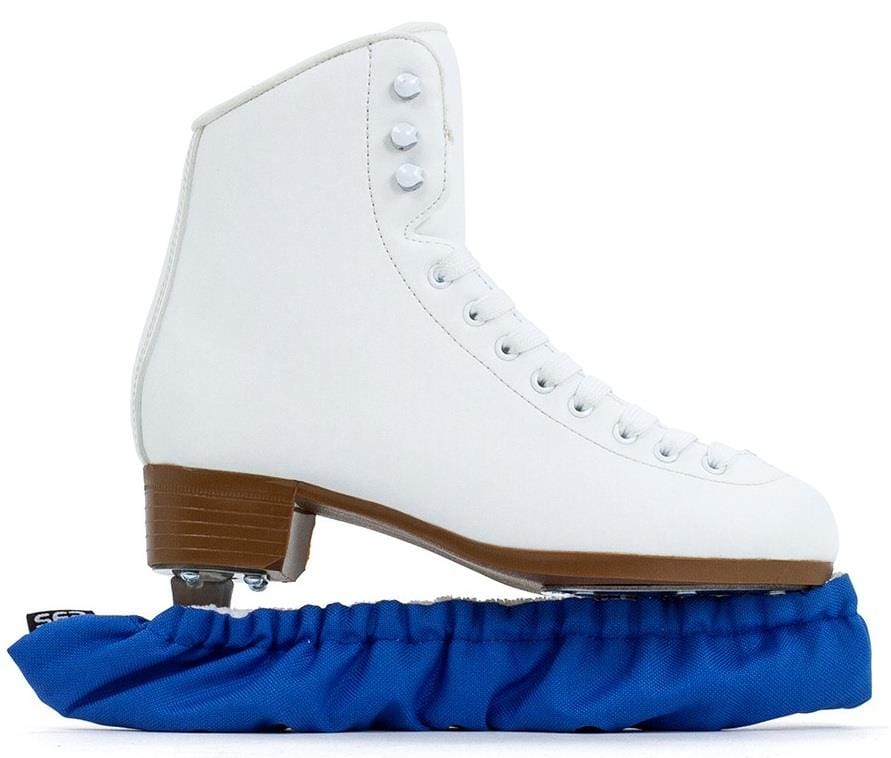 A single white skate with a brown sole and silver blade stands upright, nestled in a blue SFR Ice Skate Blade Soaker, providing moisture protection against a white background.