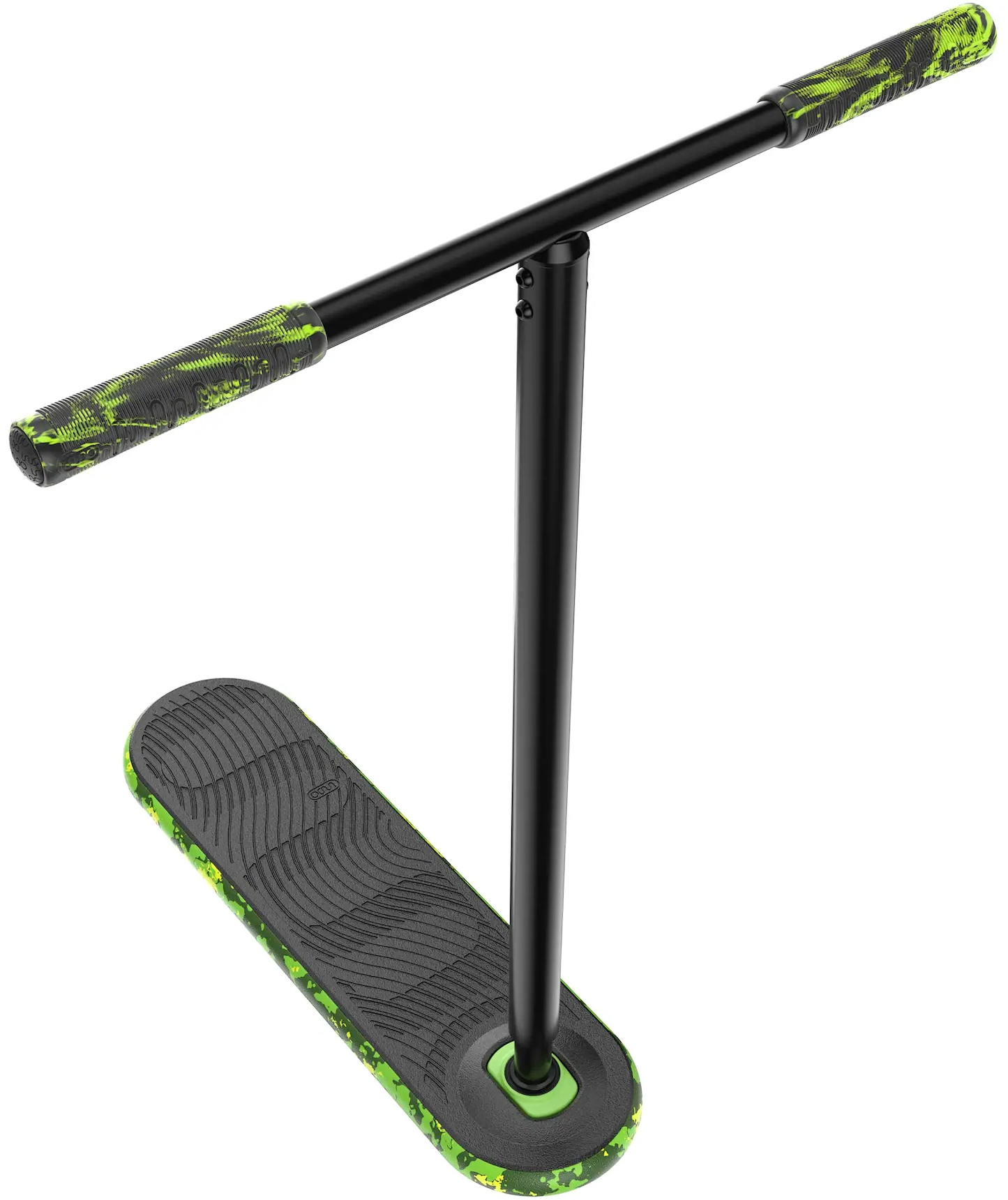 The INDO Indo Pro V2 Indoor Trampoline Stunt Scooter - Green Mamba features a black pro-level deck and green/black patterned handle grips, shown from above at an angle. Its sleek, wheel-free design is ideal for stunt scooter enthusiasts.