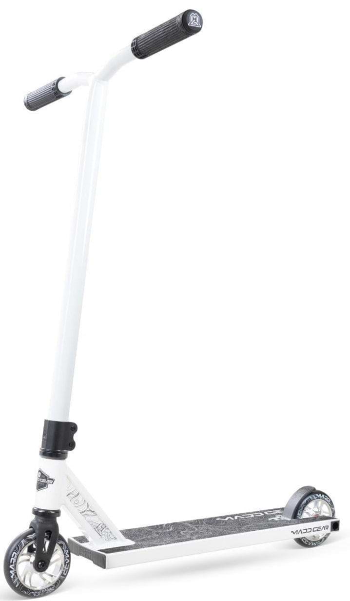 The Madd Gear (MGP) MG 4 Titan Complete Stunt Scooter in Arctic White features black handlebars and grip tape, two small wheels, and a sleek, modern design—ideal for action sports enthusiasts.