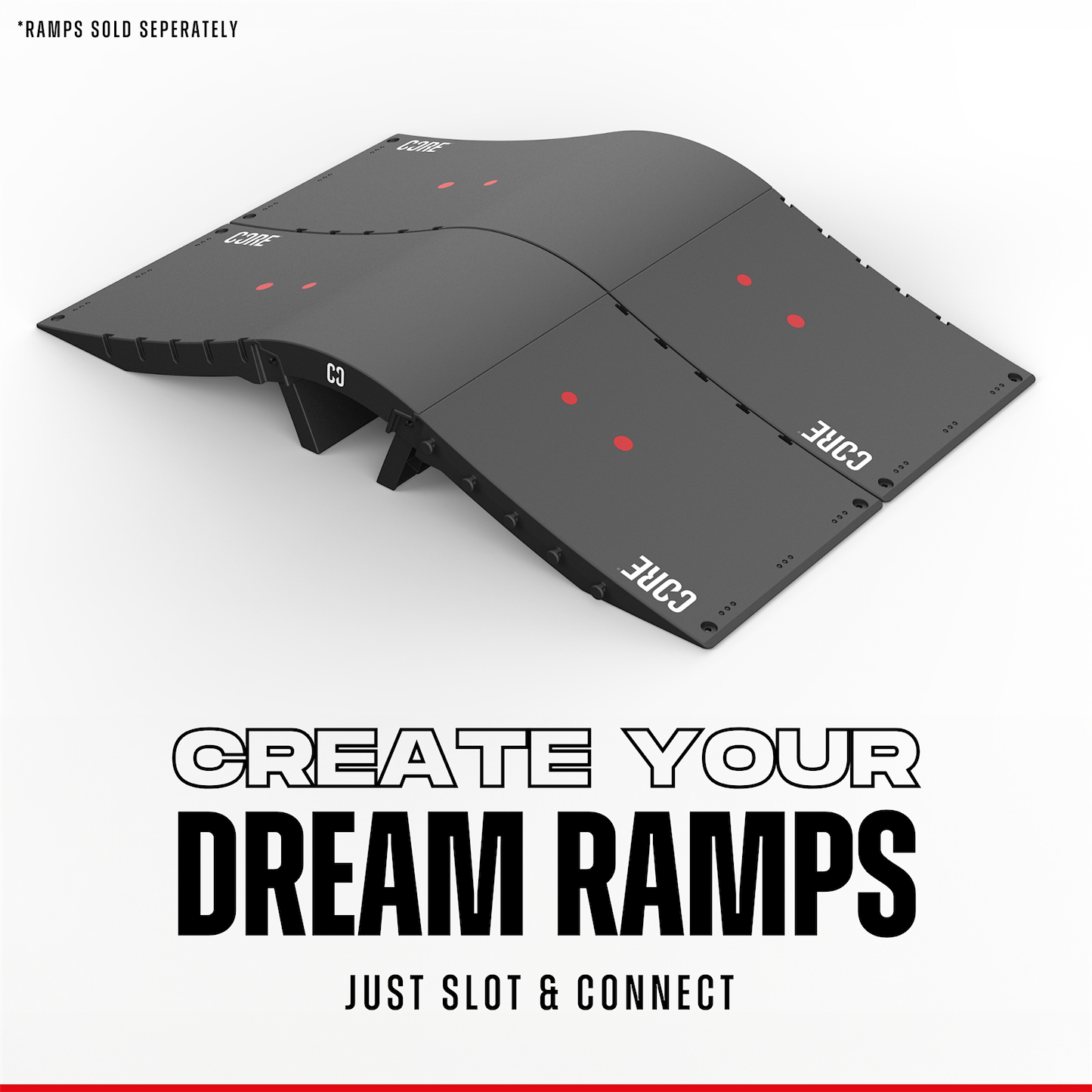 The CORE Mini Wave Bridge Connector by CORE is a modular black skate ramp accessory with curved surfaces and visible slots. Text: "CREATE YOUR DREAM RAMPS – Just Slot & Connect." Note: "Ramps sold separately. Compatible with CORE Kickers.