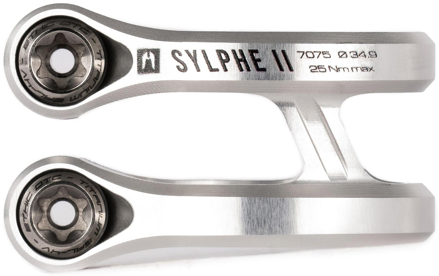Close-up of the Ethic DTC Sylphe V2 2 Bolt Oversized Stunt Scooter Clamp - Raw by Ethic, labeled "SYLPHE II," engraved with "7075 Ø34.9" and "25 Nm max." Two marked bolts are visible at each end.