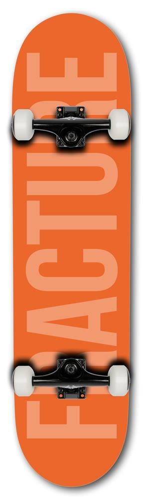 The Fracture Fade Series Orange Complete Skateboard (8" x 31.75") features bold "FRACTURE" lettering on its Canadian Maple deck, plus black trucks and durable Fracture 100A wheels—all from the Fracture brand.