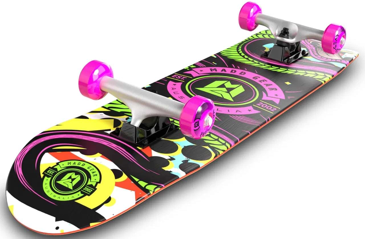 The Madd Gear MGP Pro Series KONDA LE Complete Skateboard (8" x 31") features a vibrant abstract design, pink wheels, silver trucks, and the Madd Gear Australia logo—great for beginners or fans of Complete Skateboards.