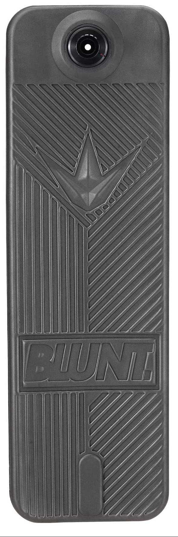 A customizable scooter bar is enhanced with a grey rubber mat featuring textured grooves and a star emblem at the top, similar to the design seen in the Blunt Envy TS Pro 7.5 Indoor Trampoline Stunt Scooter - Black, with "BLUNT" embossed at the lower section.