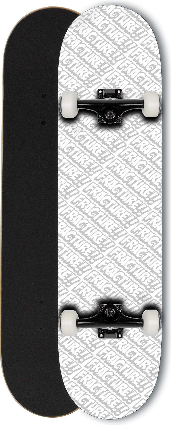 Two Fracture All Over Comic White Complete Skateboards (8.25" x 31.75") are side by side: the left shows black grip tape, while the right reveals a white underside with an all-over comic pattern, both featuring white wheels and silver trucks.