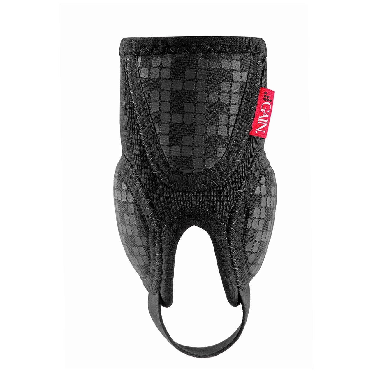 The GAIN Protection Pro Adult Ankle Protectors - Black by GAIN feature textured neoprene, reinforced stitching, geometric patterns, and a red fabric tag. Pet-inspired design with paw and leg openings offers targeted ankle protection.