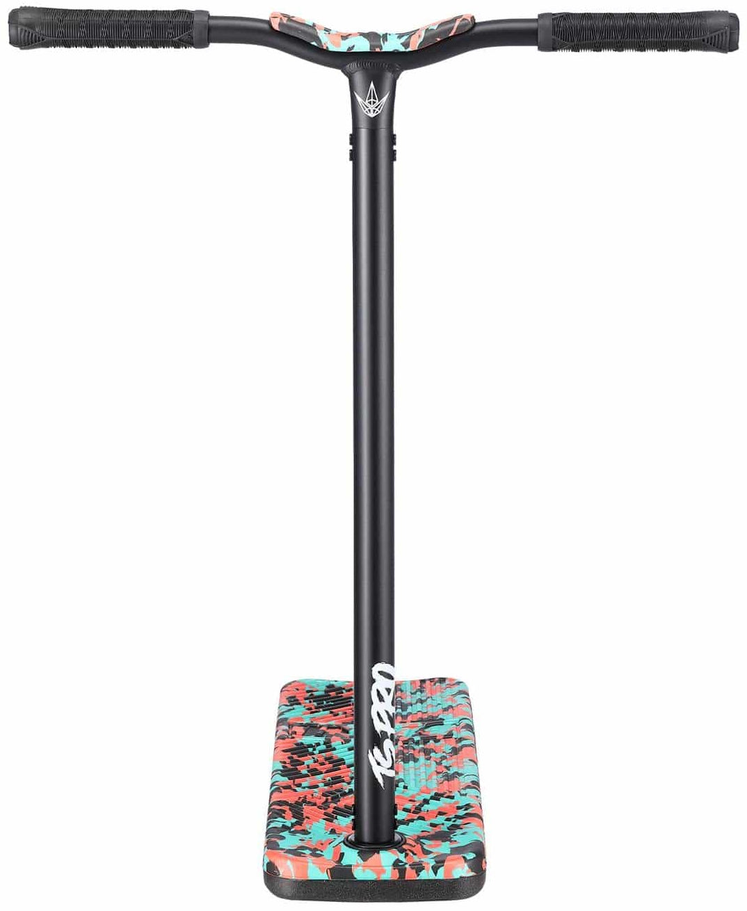 Introducing the Blunt Envy TS Pro 7.5 Indoor Trampoline Stunt Scooter, showcasing a sleek black T-bar handle and a vibrant deck with a teal camo pattern. Perfect for riders who appreciate style and performance.