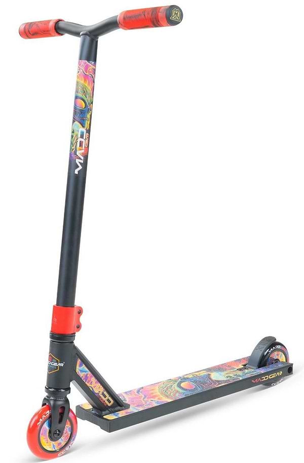 The Madd Gear MG 2 Obsidian Complete Stunt Scooter - Frenzy features red grips and wheels, a black frame, and a vibrant, psychedelic swirl deck design—making this Madd Gear (MGP) scooter an eye-catching choice for stunt scooter fans.