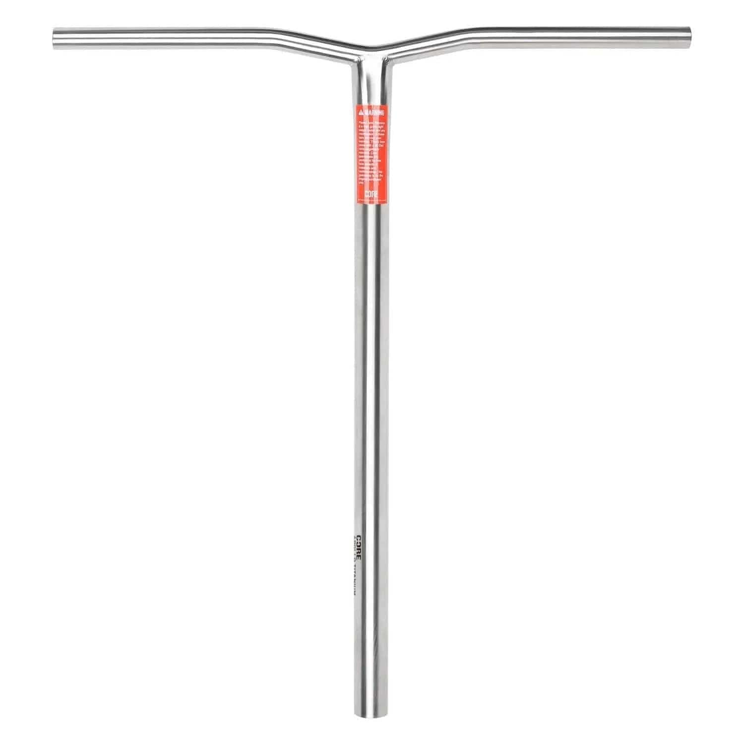 The CORE Apollo V2 Titanium Oversized HIC Stunt Scooter Bars, in a sleek raw finish measuring 680mm x 630mm, feature a minimalist design enhanced with an ergonomic touch. These lightweight scooter bars include long, straight horizontal grips and a vertical bar. Enhancing its style is the red and white sticker at the center. Ideal for any rider seeking high performance with a polished look.