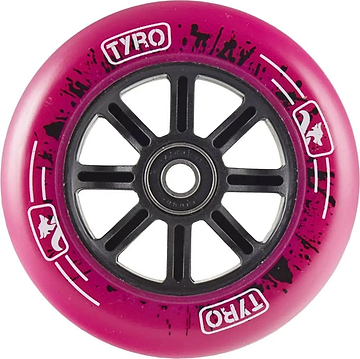 Close-up of the Longway Tyro 110mm Nylon Core Scooter Wheel in Pink, featuring a durable nylon core, black spokes, black splatter pattern, and white animal silhouettes and logos around the rim. Brand: Longway.