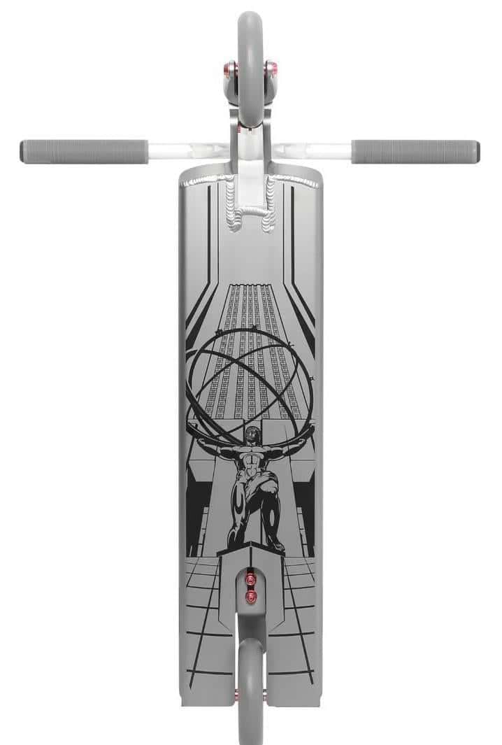 Top view of the Aztek Fountain Complete Stunt Scooter - Grey: gray deck with black art of a muscular figure holding an atom, city buildings in the background. Handlebars and wheels shown—perfect for bold skatepark riders. Brand: Aztek.