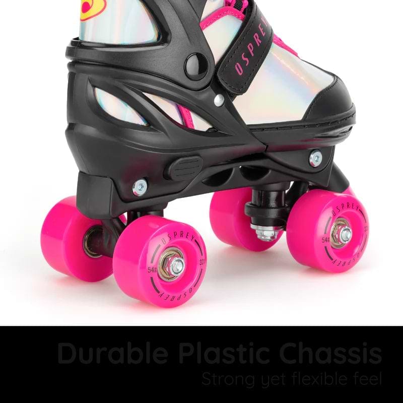 Close-up of the Osprey Surge Semi-Soft Adjustable Quad Roller Skates in black with iridescent accents and bright pink wheels, highlighting the durable plastic chassis for a strong yet flexible feel. Brand: Osprey.