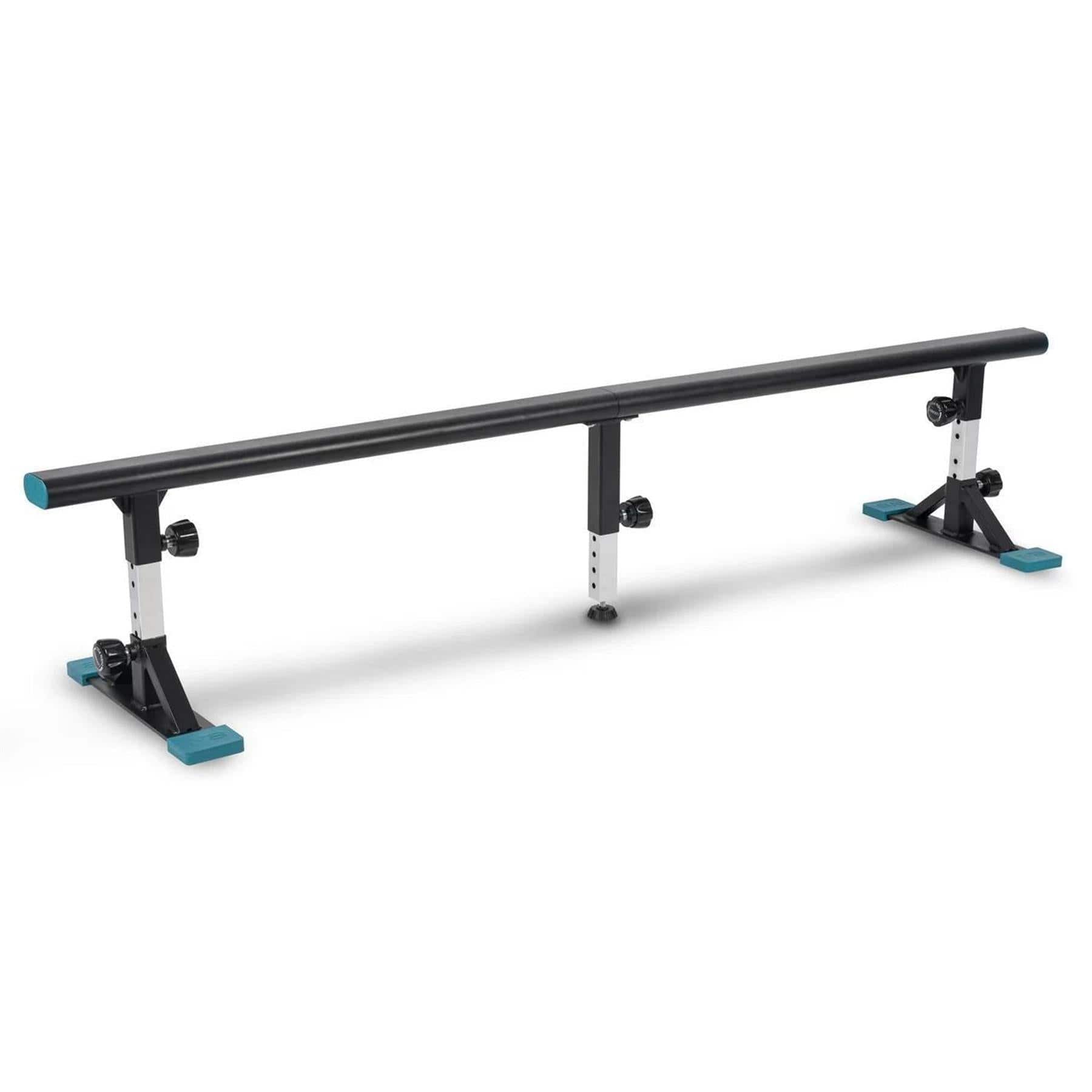 The Invert Supreme Portable Grind Rail - Black by Invert is adjustable, weatherproof, and durable, with metal supports, blue end caps, and anti-slip bases—ideal for scooter or skate sessions.