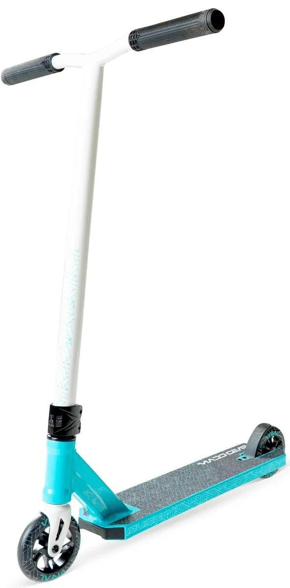 The Madd Gear Viral Purge Complete Stunt Scooter - Aqua features a teal and white design, black handlebar grips, a textured foot deck, and two black wheels. It stands upright at an angle in the image.