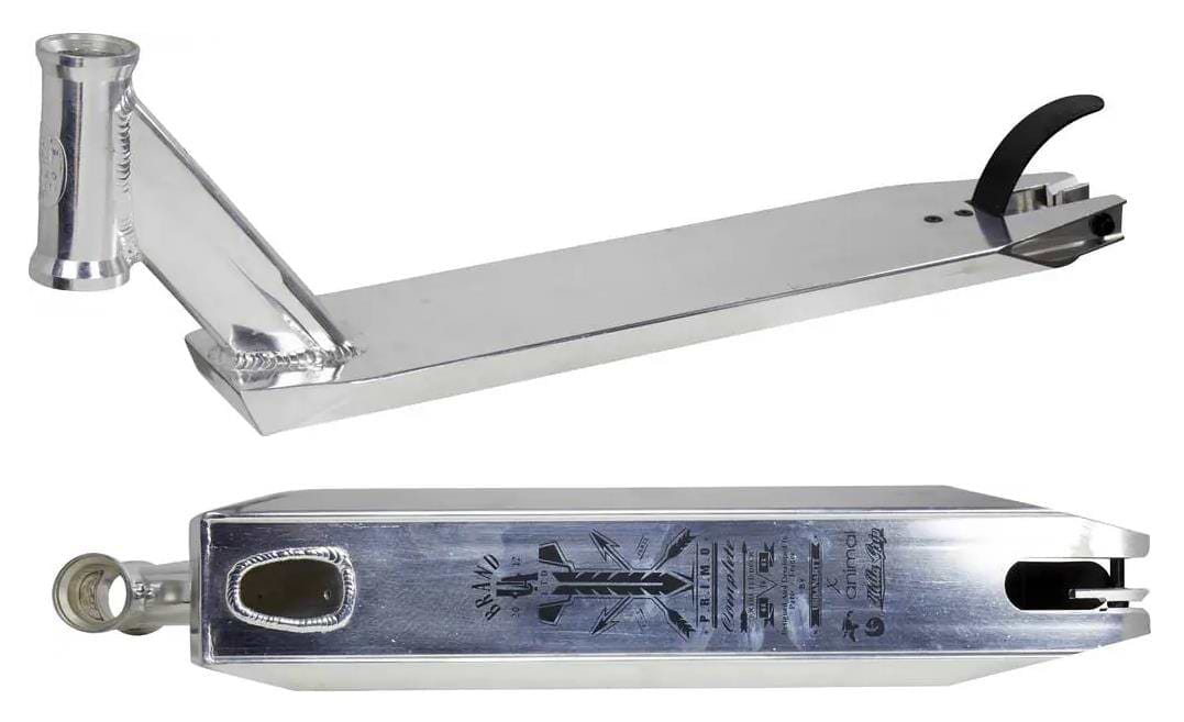 UrbanArtt Primo Raw Stunt Scooter Deck (4.6" x 21.25") by UrbanArtt shown from side and bottom. This all-rounder features engraved graphics underneath, a black rear brake, and an angled hollow headtube for a sleek look.