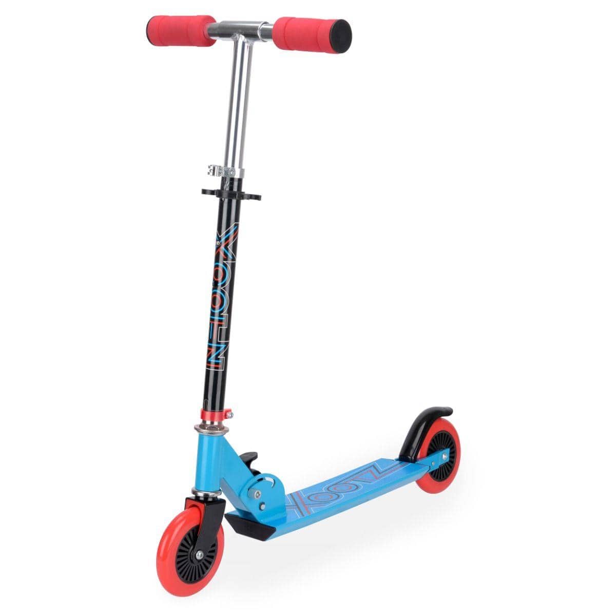 The Xootz Electron Foldable Kids Kick Scooter in blue features adjustable black handlebars, red grips, a patterned light blue and black deck, vivid red wheels, and a convenient black kickstand.