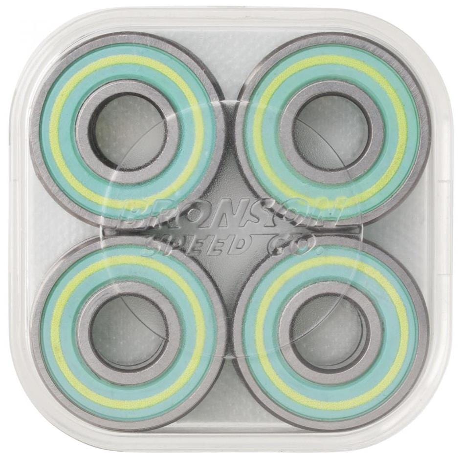 Experience top-tier skate performance like pro Samarria Brevard with the Bronson Speed Co. Samaria Brevard Pro G3 Skateboard Bearings. This eight-pack, featuring concentric green and blue rings, comes neatly arranged in a square plastic container.