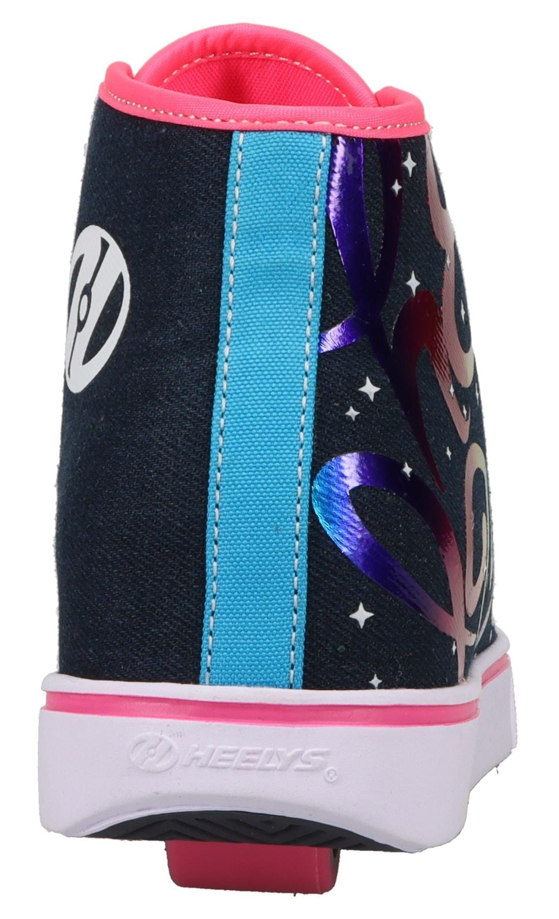 A rear view of the Heelys Veloz Girls Shoes - Denim / Rainbow shows a black denim Hi Top with pink interior, blue stripe, white logo, heart designs, rainbow accents, low-profile heel wheel, and pink and white sole. Brand: Heelys.