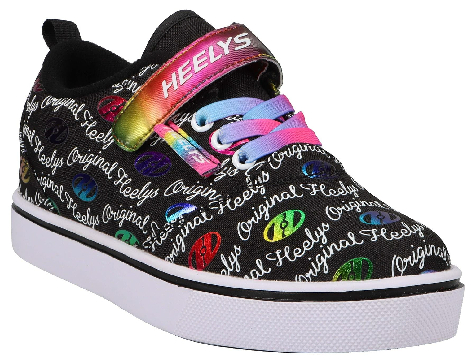 The Heelys Pro 20 X2 Girls Shoes by Heelys feature a black nylon upper with colorful “Heelys Original” text and logos, rainbow laces, a multicolored tongue strap, white sole, and low-profile wheels in the heel.