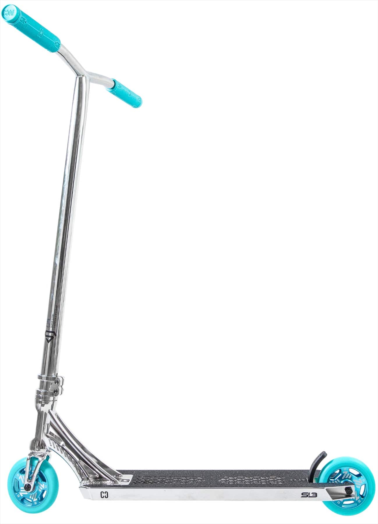 The CORE SL3 Complete Stunt Scooter by CORE features chrome and teal colors, a black deck with grip tape, blue handle grips and wheels, plus a rear wheel brake—ideal for skatepark tricks. Shown against a white background.