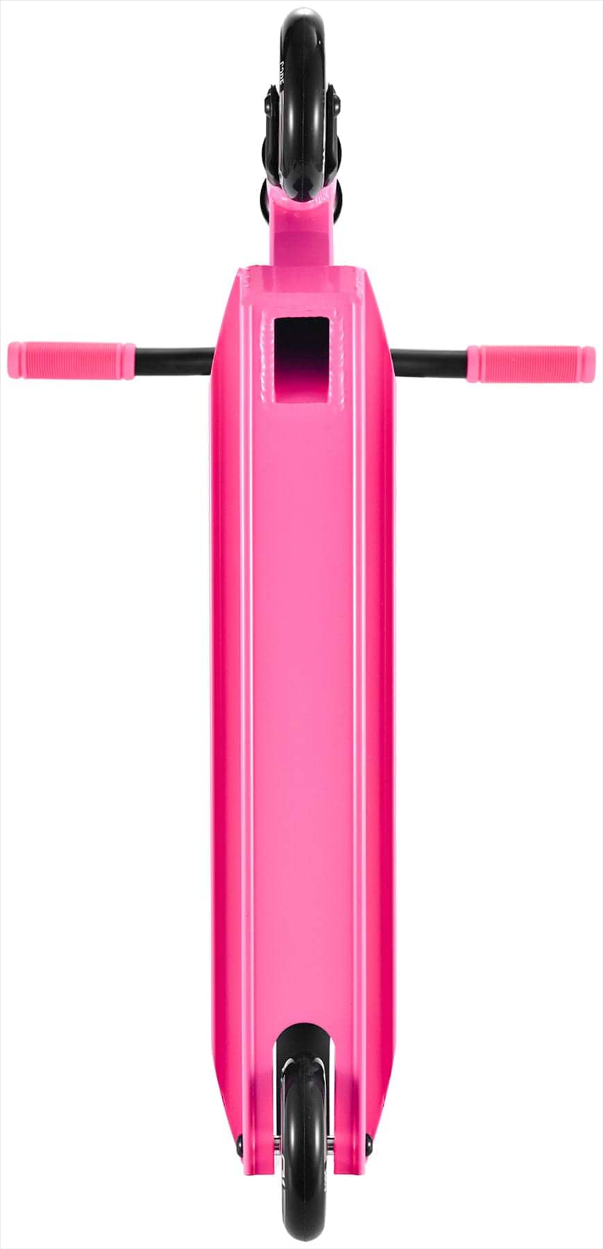 Top-down view of the CORE CA1 Beginner Complete Stunt Scooter by CORE in pink, designed for kids, showing two black wheels and pink handlebars extended horizontally at each end.