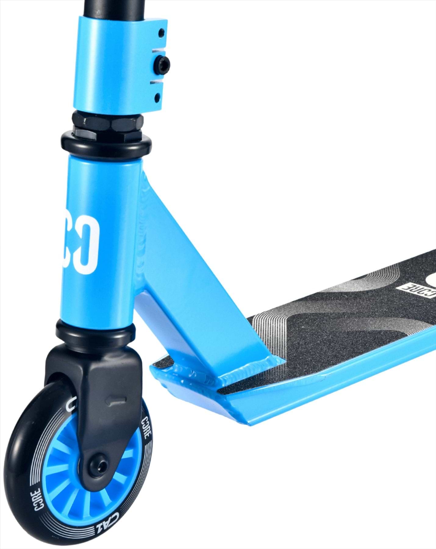 Close-up of the blue CORE CA1 Beginner Complete Stunt Scooter by CORE, featuring the front wheel, handlebar stem, and black geometric grip tape—ideal for riders seeking a stylish entry-level stunt scooter.