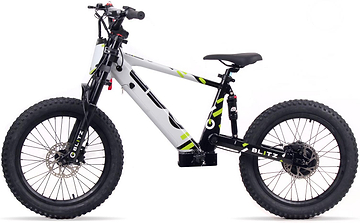 The Duo 20" Blitz Kids Electric Balance Bike in white/black features thick rugged tires, a sturdy frame, disc brakes, front suspension fork, and bold "BLITZ" branding—ideal for any terrain.