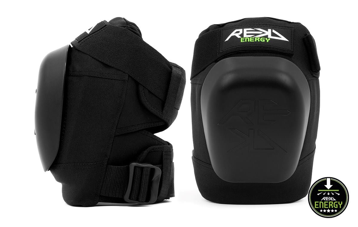 Introducing the REKD Energy Patrol Ramp Knee Skate Protection Pads in Black, designed for high-impact activities. These knee pads feature hard protective shells, adjustable straps, and proudly display the "REKD" logo on top. Additionally, a "REKD Energy" badge is present in the bottom right corner to ensure optimal knee protection and impact energy reduction.