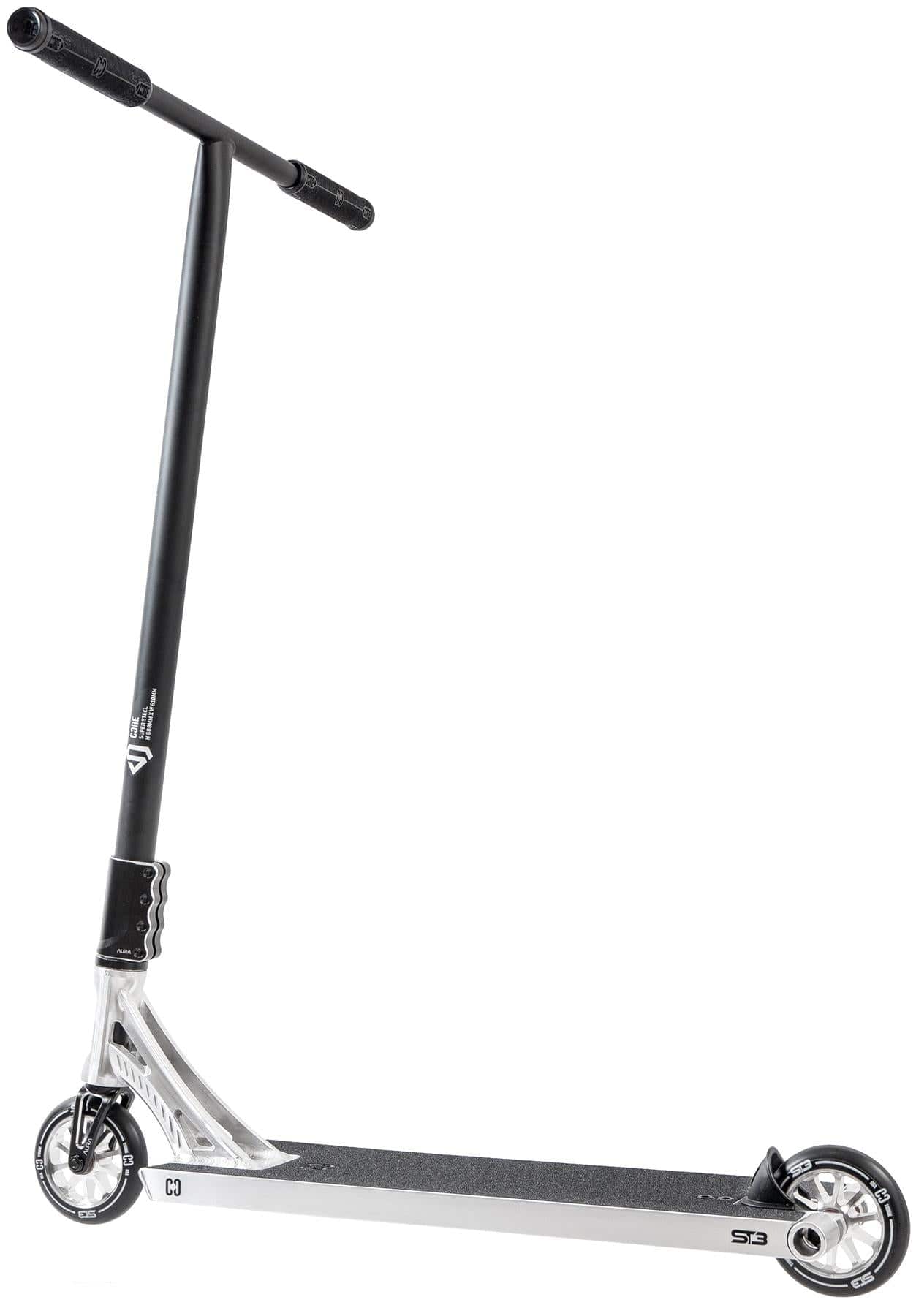 The CORE ST3 Complete Stunt Scooter - Polished by CORE features a silver and black design, tall handlebar with black grips, metal deck, small wheels, and pro-grade components, displayed against a white background.