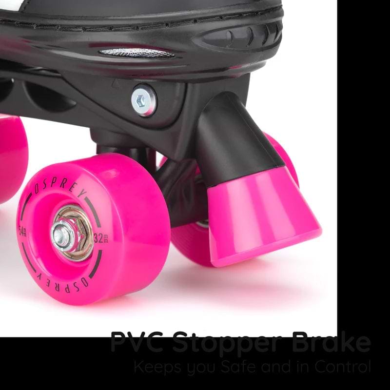 Close-up of the Osprey Surge Semi-Soft Adjustable Quad Roller Skates in black with vibrant pink wheels and a matching PVC stopper brake. Text reads, "PVC Stopper Brake Keeps You Safe and in Control—perfect beginner skates for kids.