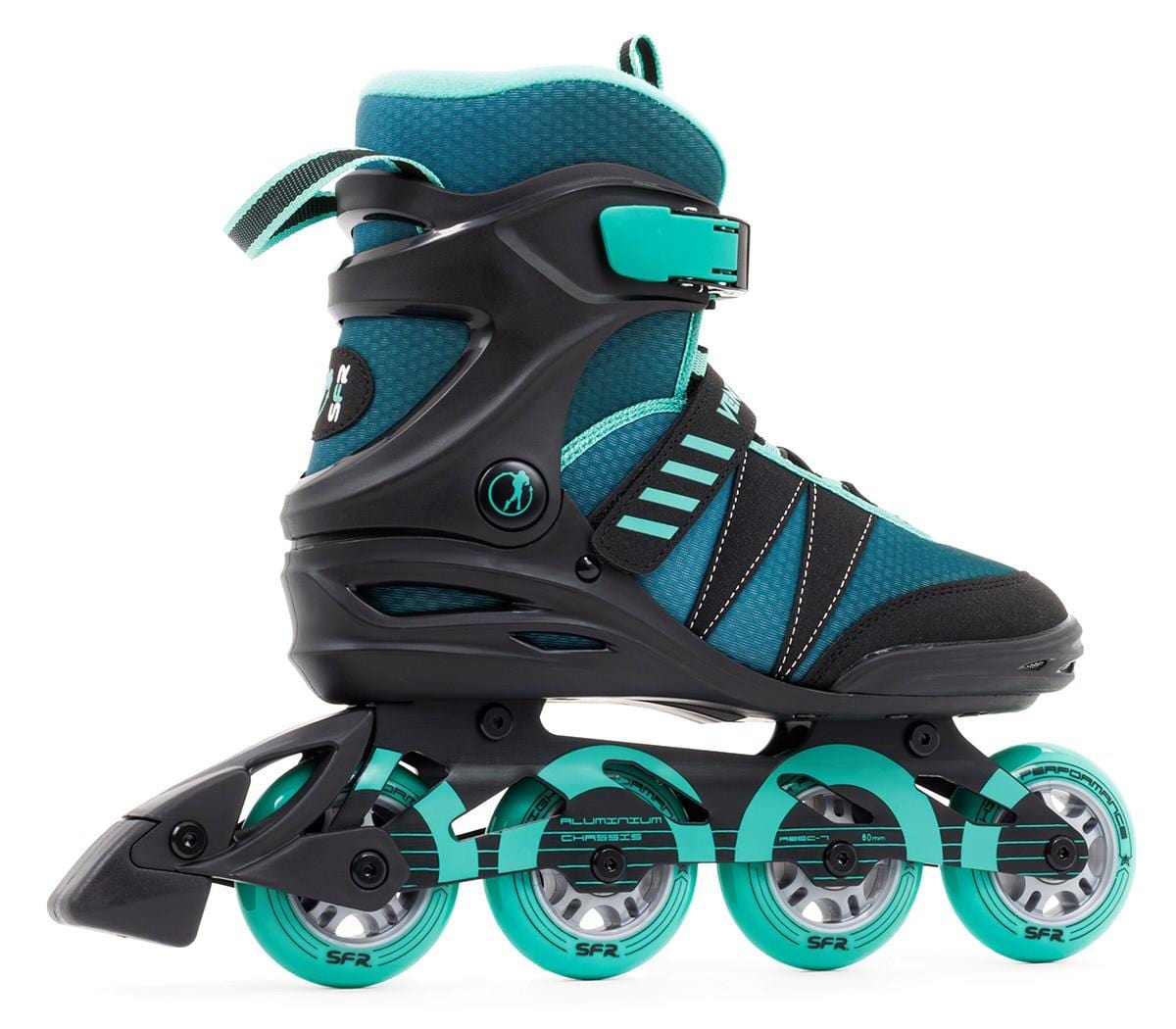 The SFR Venture Pro Inline Skates - Teal by SFR feature four urethane wheels, ABEC-7 bearings, and adjustable straps. Designed with a sturdy frame for comfort and stability, their teal accents provide a vibrant contrast to the black base for both style and performance.