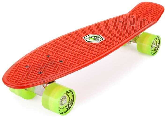 The Osprey Retro Cruiser Skateboard - Red / Green 22.5" features a textured red deck and bright green wheels, perfect for beginners. The Osprey board is shown angled on a white background.