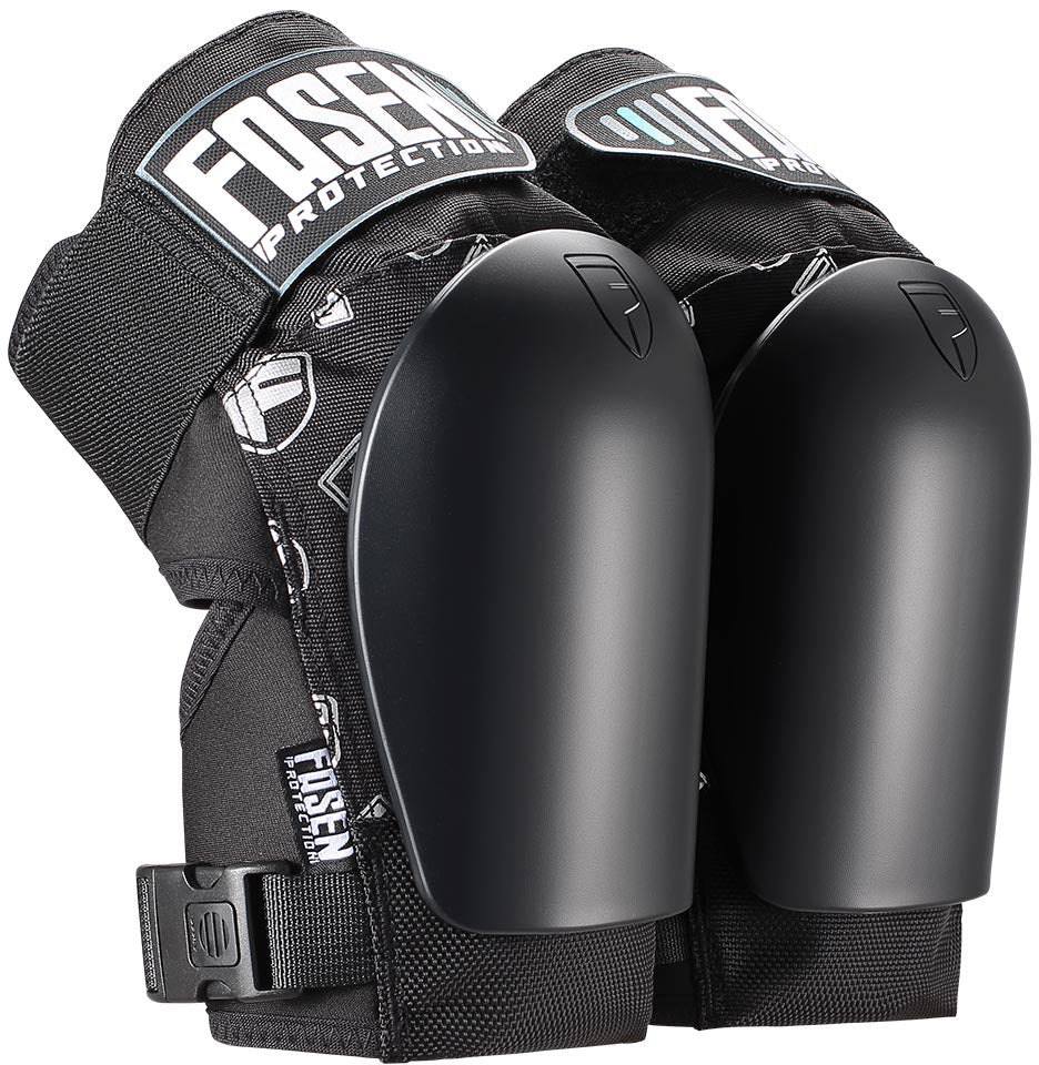 A pair of black elbow pads featuring hard protective shells and adjustable straps, ideal for sports or physical activities. They perfectly complement your Fasen Sliders Pro Knee Skate Protection Pads – Black, providing comprehensive protection. The brand “Fasen” is clearly displayed on the pads.