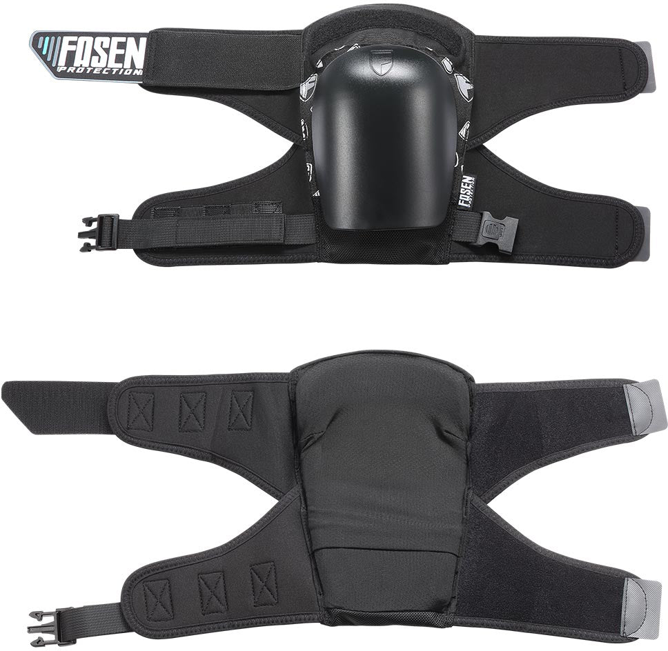 Two black Fasen Sliders Pro Knee Skate Protection Pads are shown from the front and back. One pad features a hard shell cap—ideal for use as scooter knee pads—while the other displays cushioned backing and adjustable strap with buckle details. The “Fasen” logo is visible.