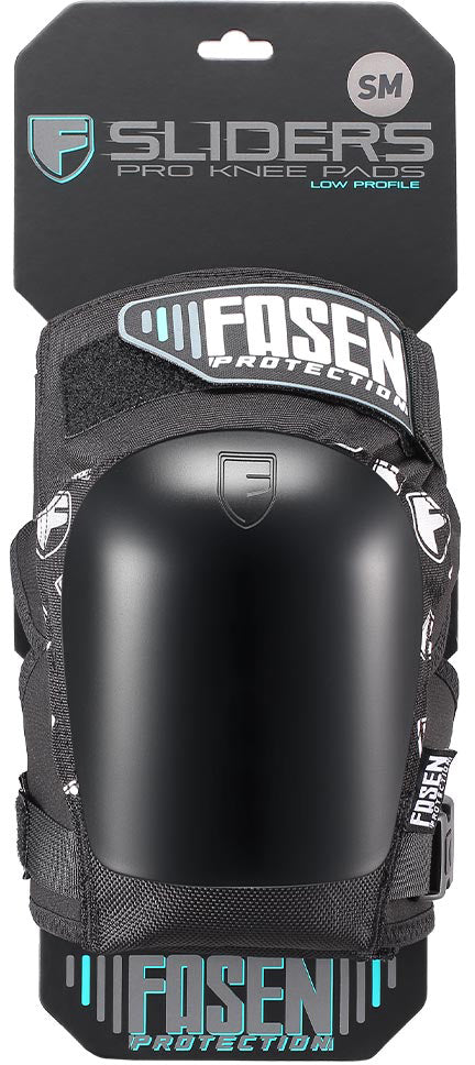 Fasen Sliders Pro Knee Skate Protection Pads in black, packaged and labeled “Sliders Pro Knees Low Profile” with “SM” indicating small size, feature a durable hard shell cap and adjustable straps. Designed by Fasen for superior protection, these pads are ideal as scooter knee pads or for any activity that demands reliable knee support.
