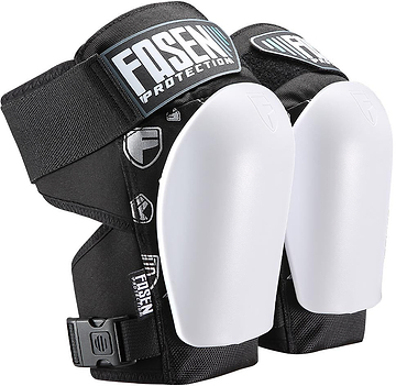 A pair of Fasen Sliders Pro Knee Skate Protection Pads in white, featuring black and white low-profile hard shells with adjustable straps and buckles—ideal scooter protective gear from Fasen for dependable comfort and security.