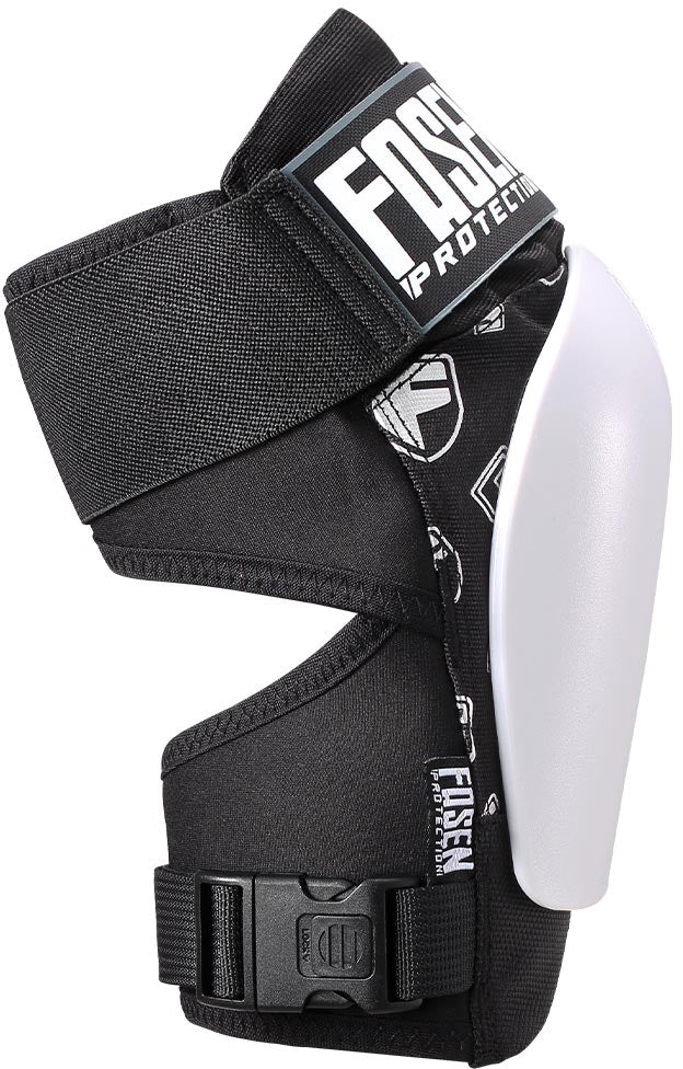 Introducing the Fasen Sliders Pro Knee Skate Protection Pads in White—these low-profile, black and white pads feature adjustable straps and a durable hard white plastic shield for optimum knee protection during sports or physical activities. Designed by Fasen, they pair seamlessly with other scooter protective gear to provide comprehensive safety.