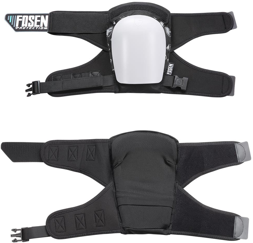 Two views of the Fasen Sliders Pro Knee Skate Protection Pads in white, featuring adjustable straps, a durable plastic shield on the front, and soft padding on the back. These low-profile hard shell pads are ideal for those seeking comfortable scooter protective gear. The Fasen logo appears in the top left corner.