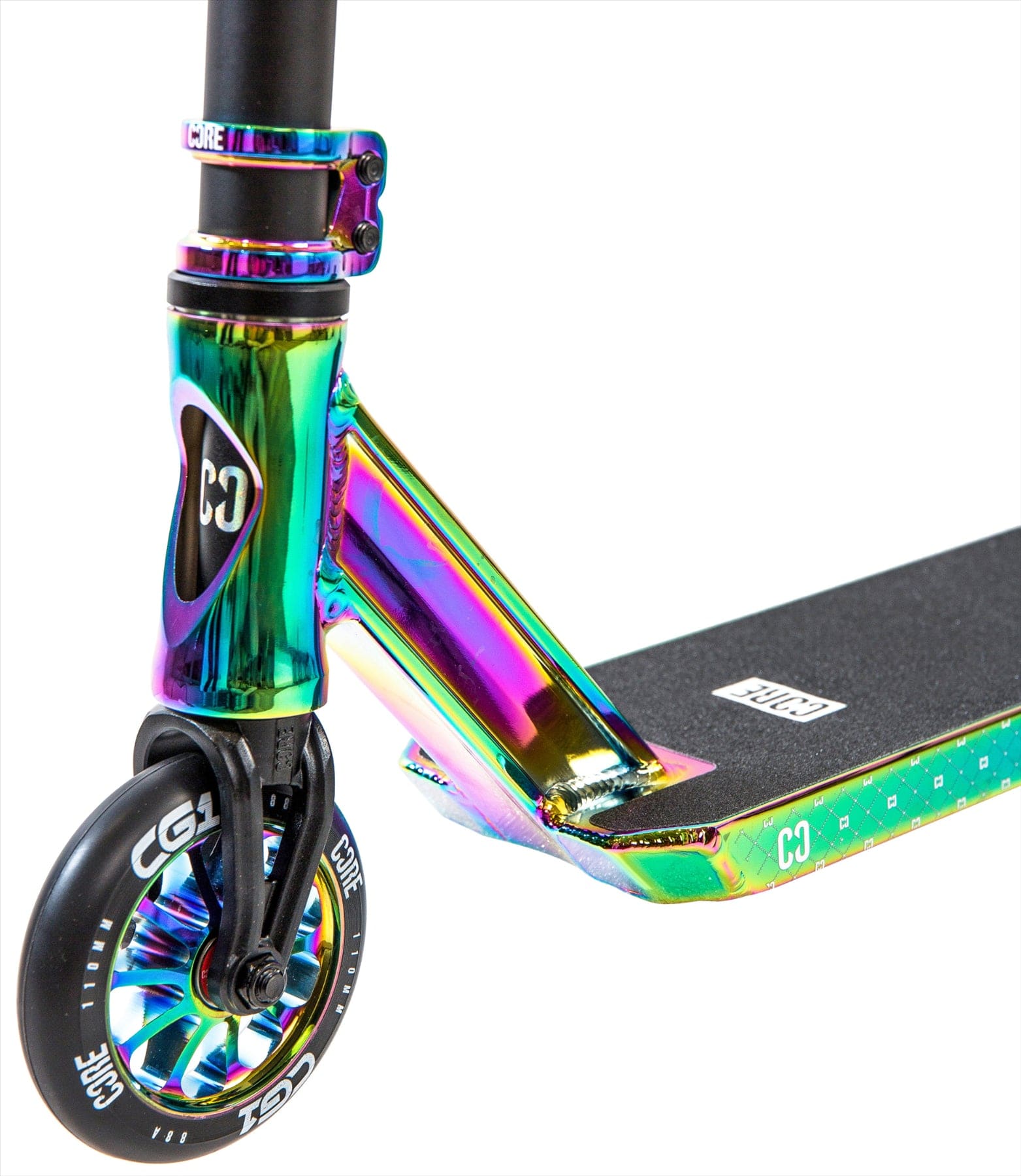 Close-up of the CORE CG1 Complete Stunt Scooter in Neochrome/Black, displaying the front wheel with CORE branding, metal fork, and a griptape deck featuring the logo and vibrant rainbow neochrome finish.