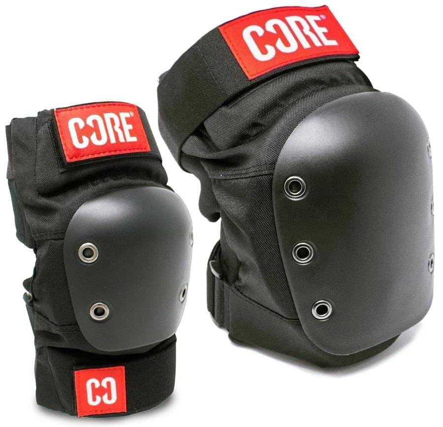 The CORE Combo Street Knee & Elbow Skate Protection Pad Set - Black features hardshell construction, metal rivets, and red velcro straps with the white CORE logo, shown on a white background.