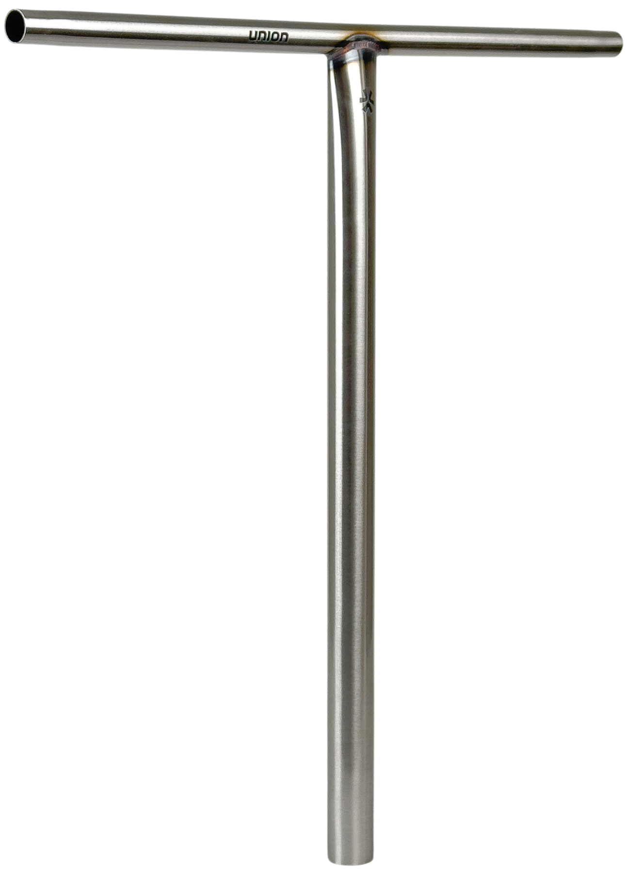The Union Uniq T Steel Oversized HIC Stunt Scooter Bar in silver measures 600mm x 580mm, features a straight crossbar, a long vertical stem, durable chromoly steel construction, and has a small "HICPR" logo near the top.