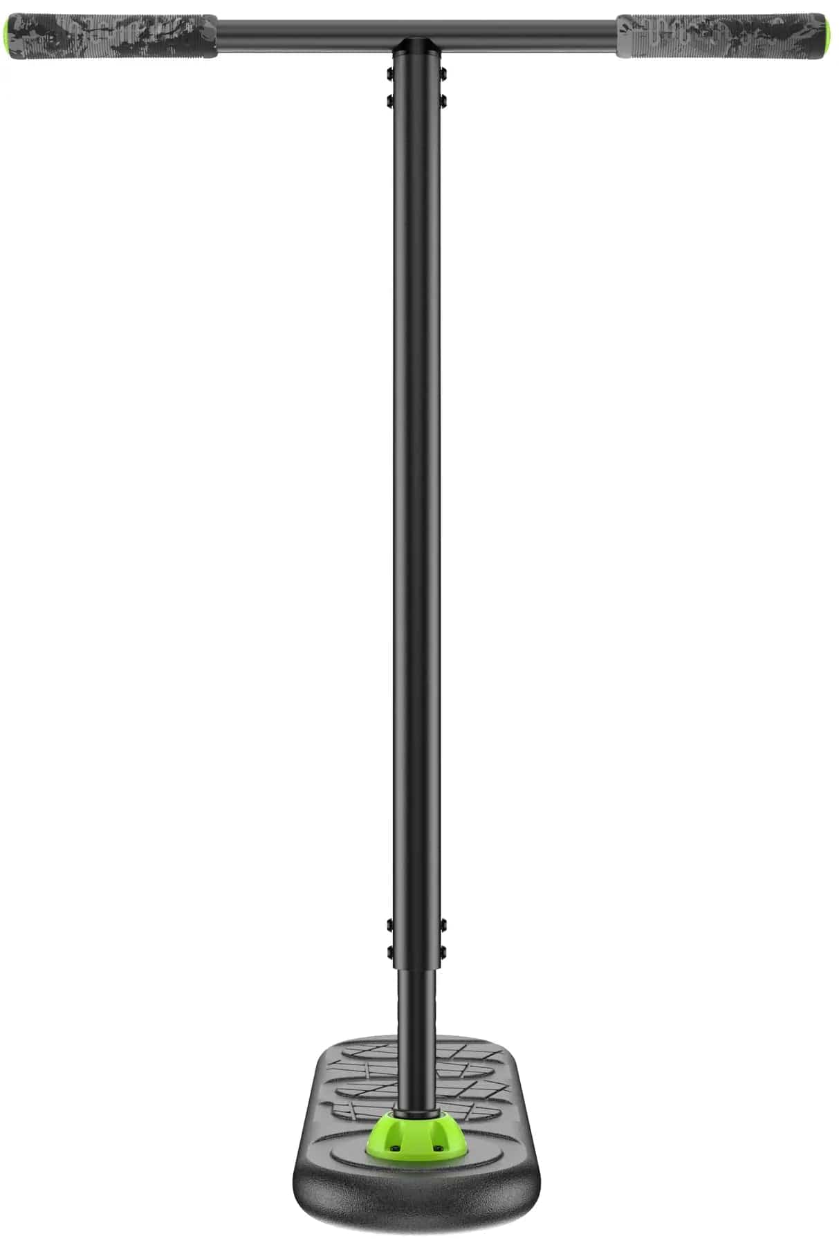 Front view of the INDO Indo Fusion Indoor Trampoline Scooter - Classic Black, featuring a long handlebar with green-accented base, textured grips, and a Ball Head Bearing System for smooth spins during advanced tricks.