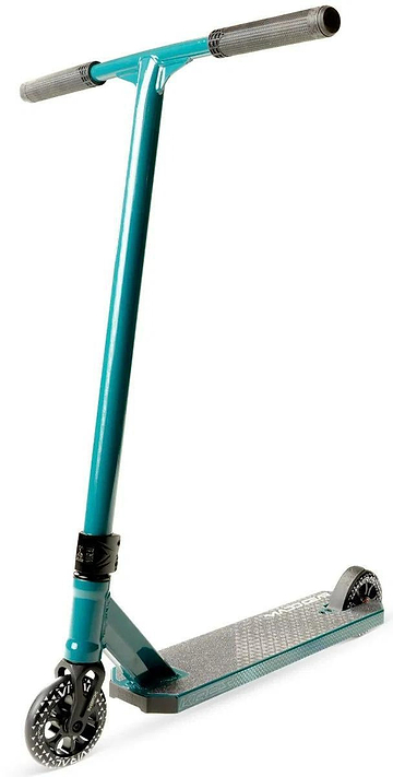 The Madd Gear Viral KAOS Complete Stunt Scooter - Denim by MGP features black handlebar grips, a textured deck, and two small rugged wheels, shown on a white background.