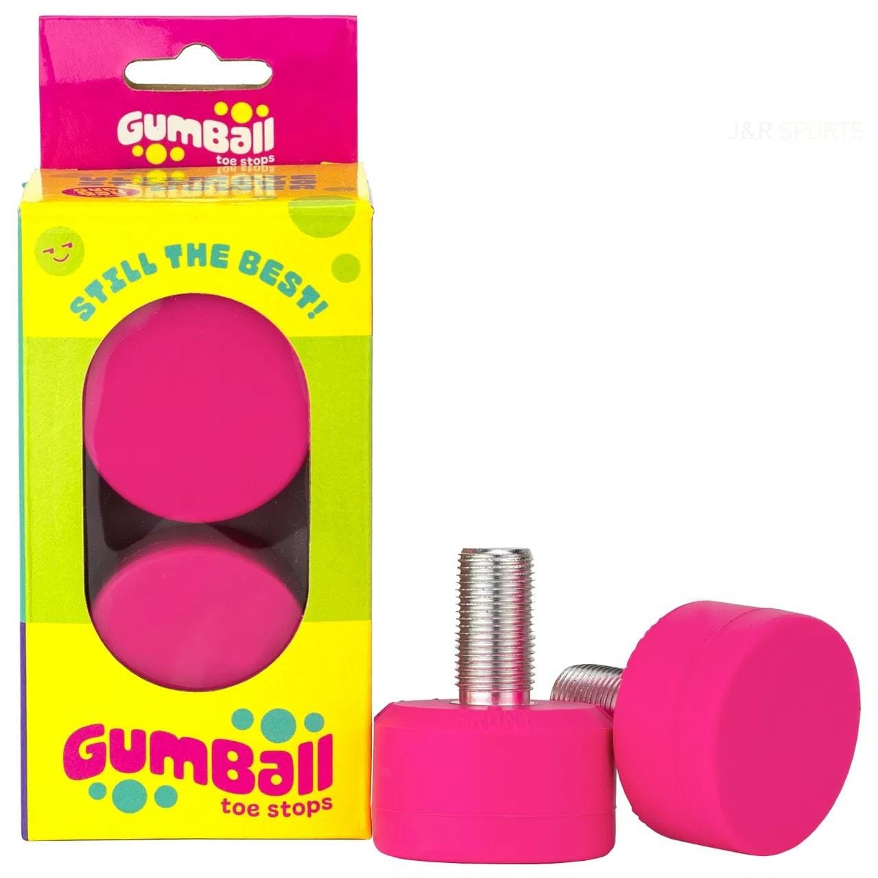 A bright pink and yellow package showcases the Gumball Roller Skate Long 30mm 75A Toe Stops in Cherry Pink, known for exceptional stopping power and skating control. Inside are two pink toe stops; two more with metallic stems are displayed in front, catching the eye.