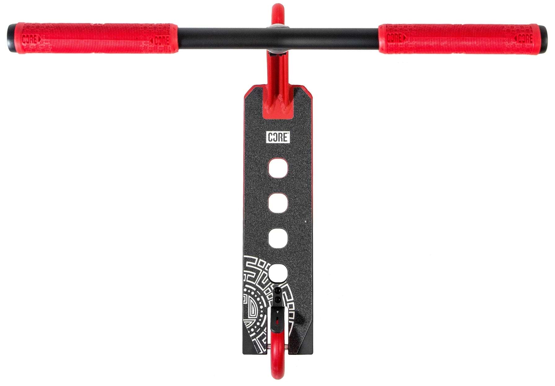 The CORE CL1 Complete Stunt Scooter - Black / Red LE by CORE features a black and red handlebar attached to a black deck with circular cutouts and a white geometric pattern, shown vertically against a white background.