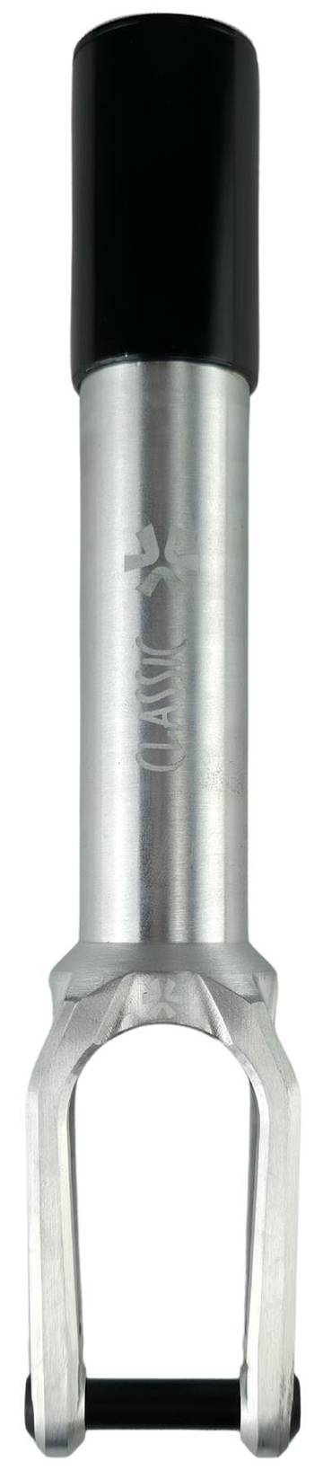 The Union Classic Lightweight HIC/SCS Stunt Scooter Fork - Polished by Union features a sleek silver aluminium design with a black top, offering durability and light weight for connecting the wheel to the scooter's steering tube.